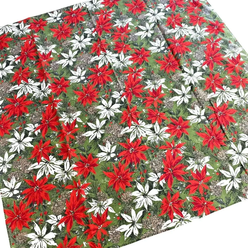 Vintage Christmas Tablecloth 50” Square Poinsettias & Pine Cones Retro 1970's